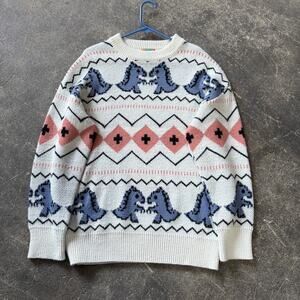 Playing Dinosaurs Oversized Cardigan Sweater Mens M White Boxy Argyle Knit YWFG